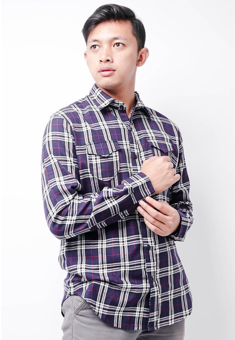 Nade NTB25 Kemeja Flanel Pria Lengan Panjang Tartan Navy Putih Merah