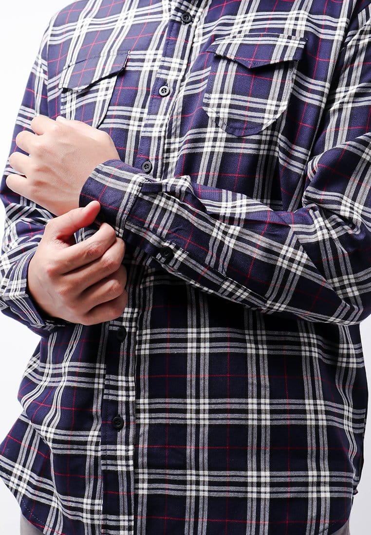 Nade NTB25 Kemeja Flanel Pria Lengan Panjang Tartan Navy Putih Merah