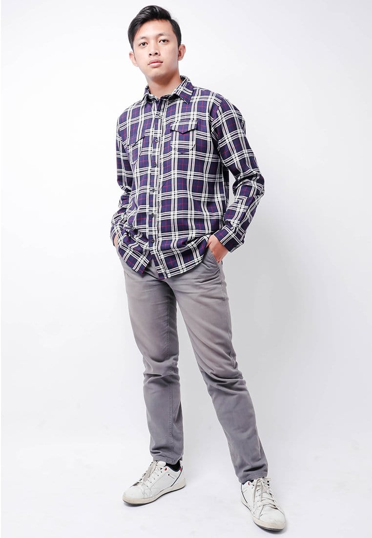 Nade NTB25 Kemeja Flanel Pria Lengan Panjang Tartan Navy Putih Merah