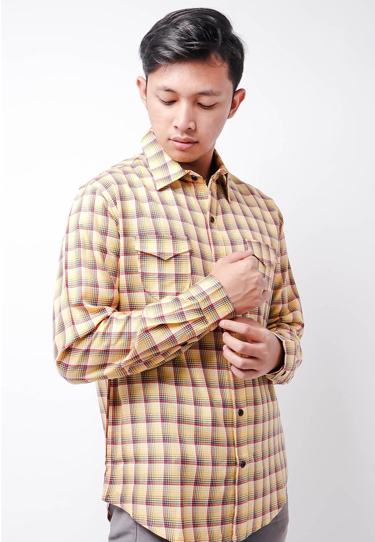 Nade NTB30 Kemeja Flanel Pria Lengan Panjang Tartan Kuning Coklat