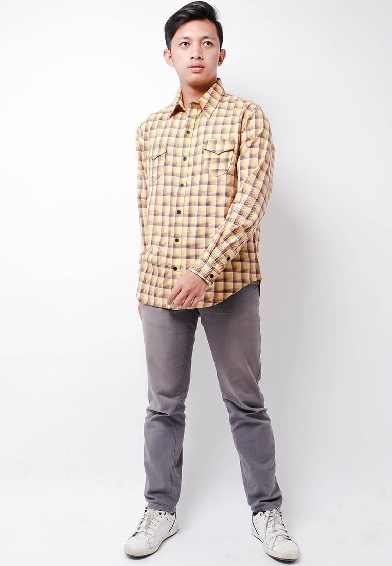 Nade NTB30 Kemeja Flanel Pria Lengan Panjang Tartan Kuning Coklat