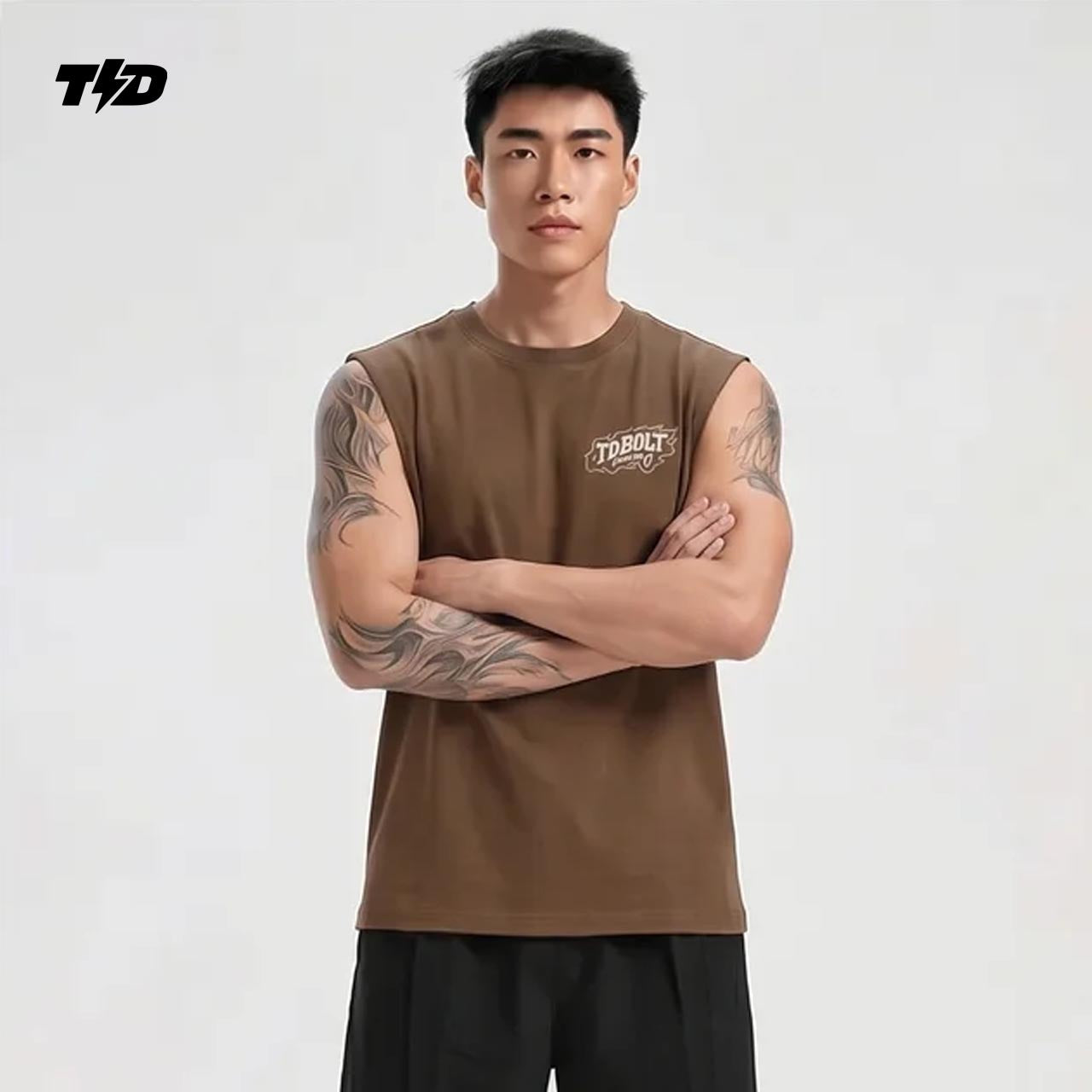 TDActive Kaos Gym Pria Tanpa Lengan Kalcer – Cloud Cotton Ringan Adem Drifit Lari - coklat - Built for Vibes MSB72