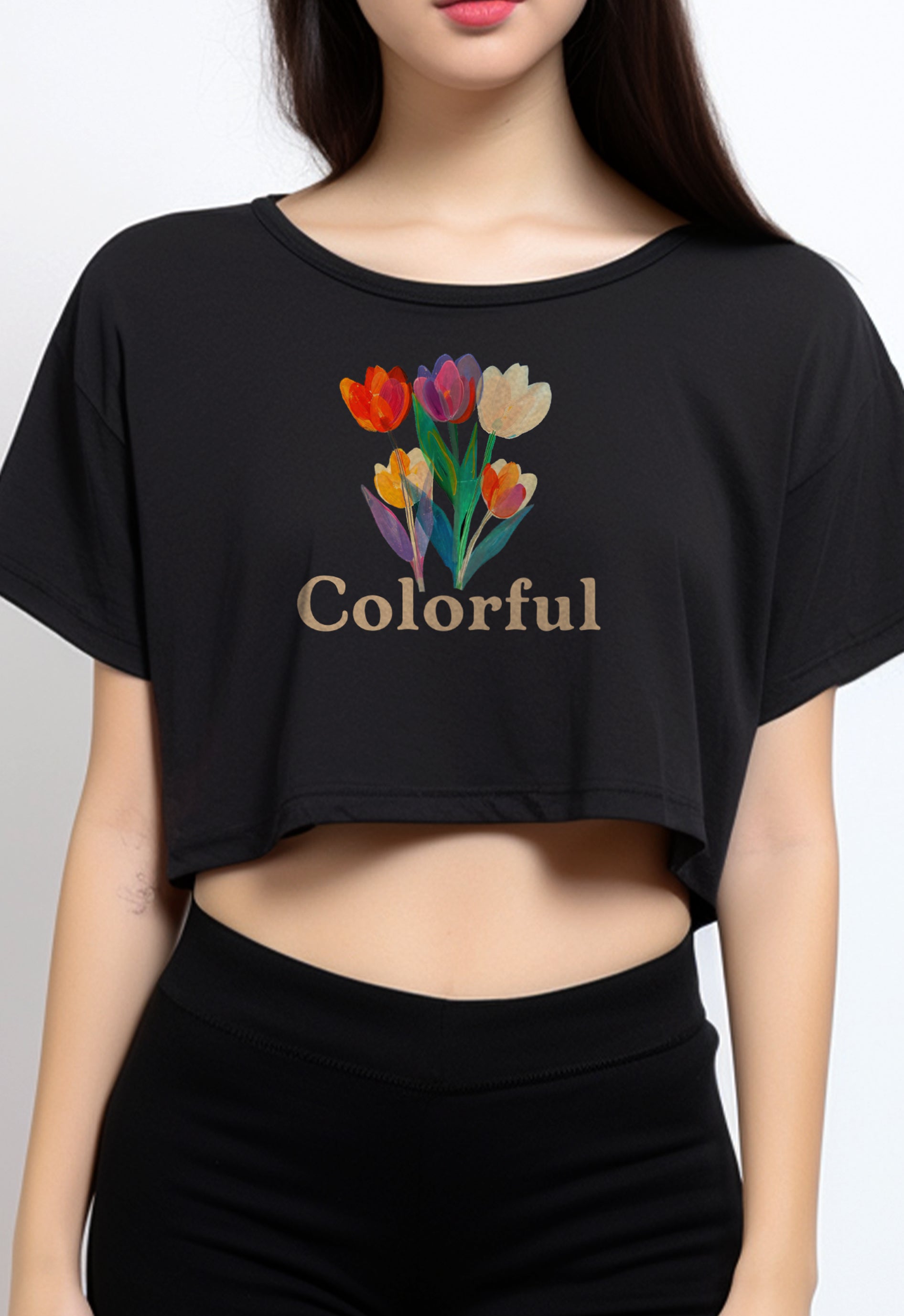 LTF75 Kaos Wanita Gambar Bunga Crop Oversize Hitam 