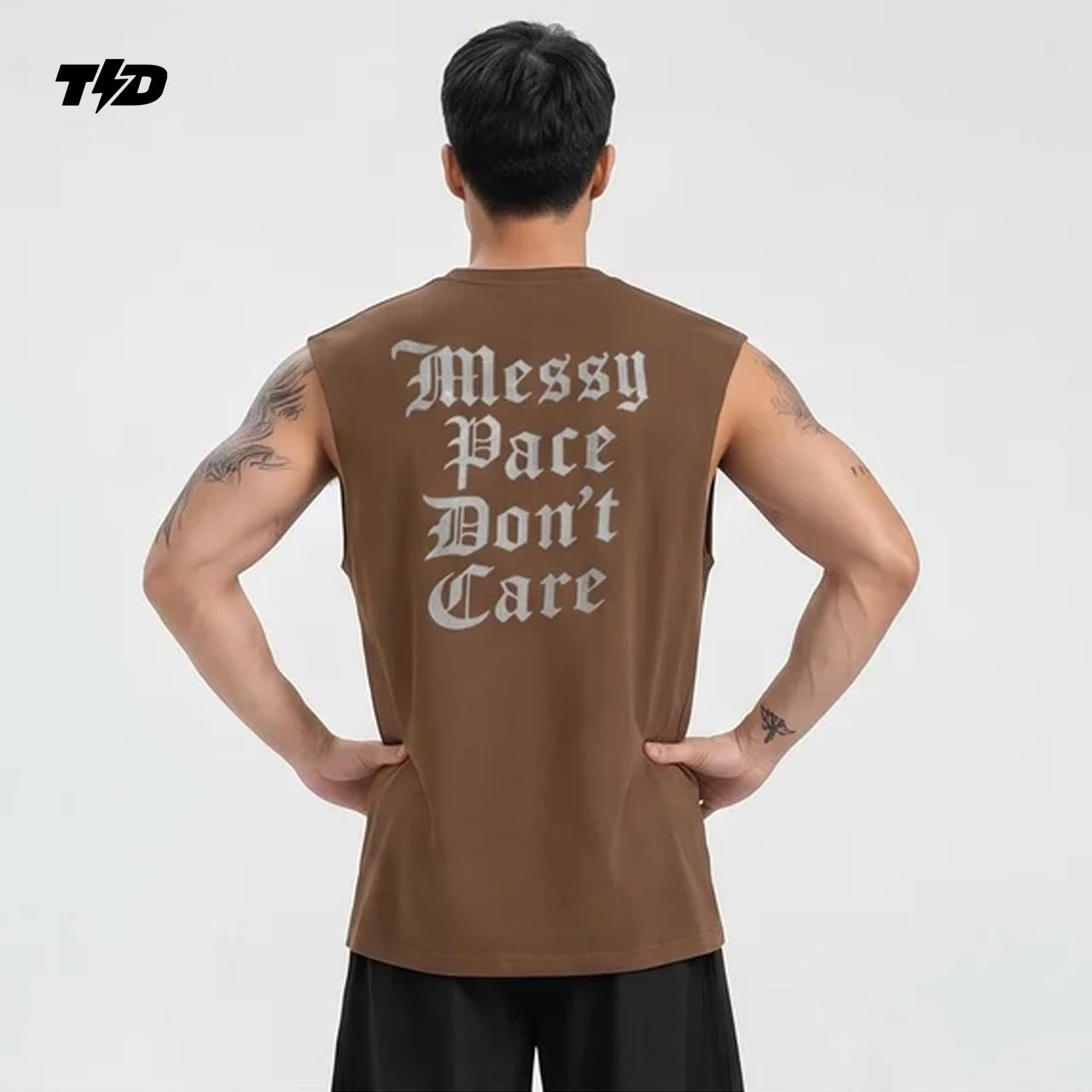 TDActive Kaos Gym Pria Tanpa Lengan Kalcer – Cloud Cotton Ringan Adem Drifit Lari - coklat  - Messy Pace MSB73