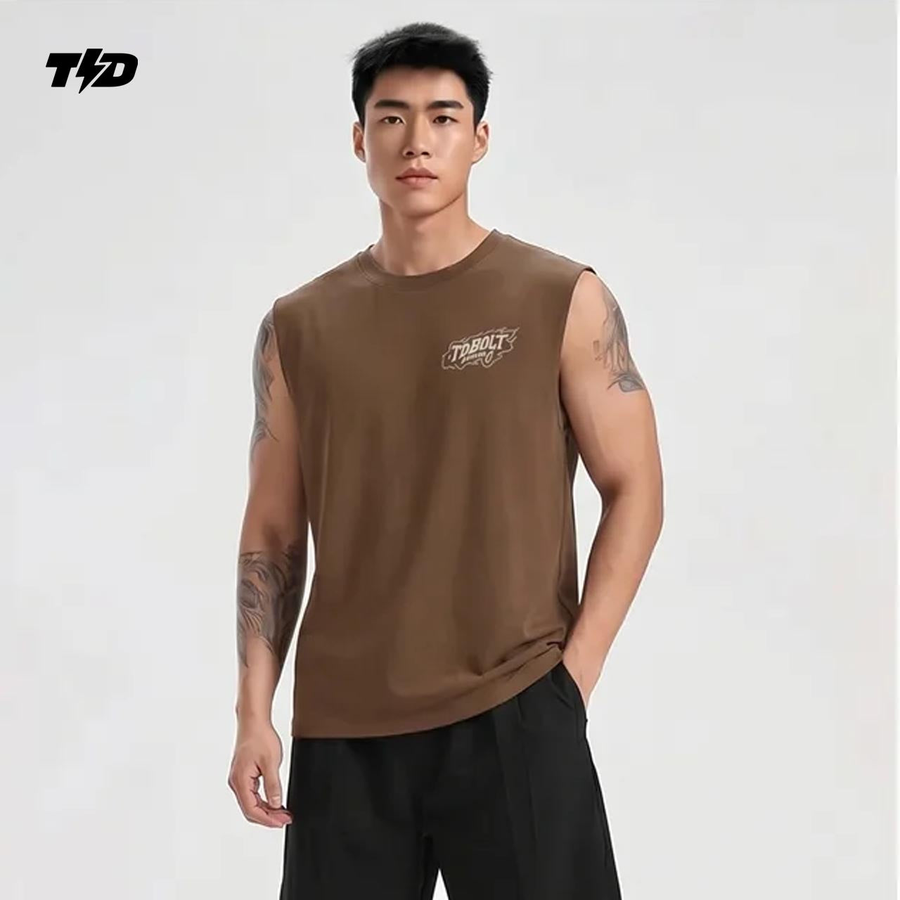 TDActive Kaos Gym Pria Tanpa Lengan Kalcer – Cloud Cotton Ringan Adem Drifit Lari - coklat  - Messy Pace MSB73