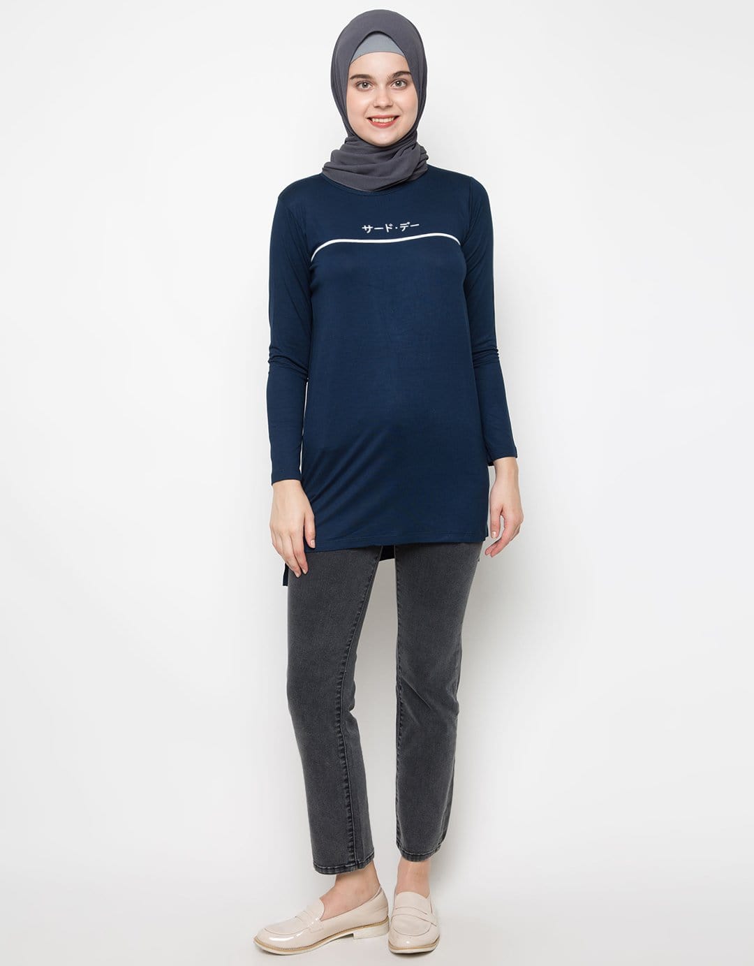 Third Day LTC91 mls katakana underline navy hijab lengan panjang wanita